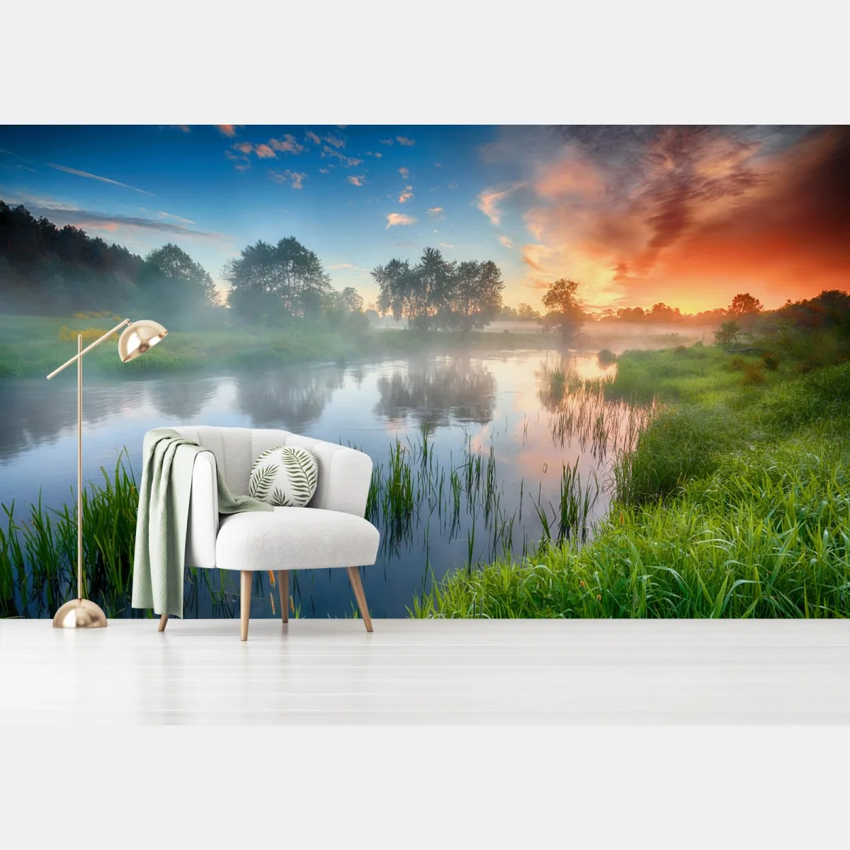 Fototapeta mglista rzeka o wschodzie słońca nad zielonymi brzegami – Wallissimo® Fototapeta mglista rzeka o wschodzie słońca nad zielonymi brzegami – Wallissimo®