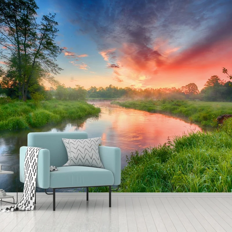 Fototapeta wschód słońca nad mglistą rzeką – Wallissimo® Fototapeta wschód słońca nad mglistą rzeką – Wallissimo®