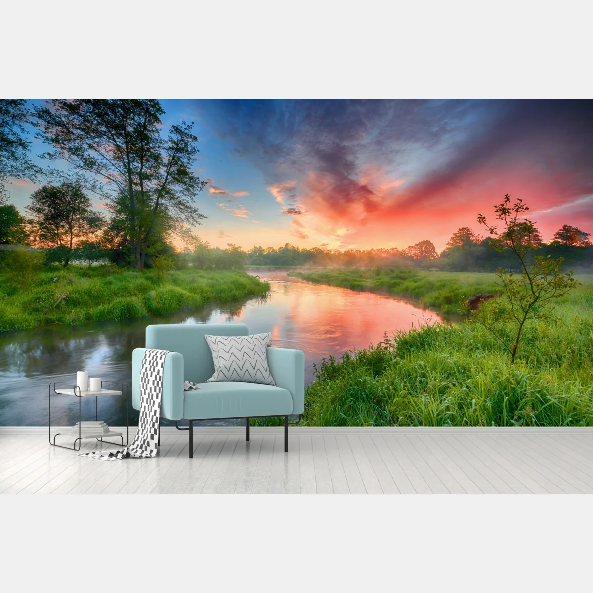 Fototapeta wschód słońca nad mglistą rzeką – Wallissimo® Fototapeta wschód słońca nad mglistą rzeką – Wallissimo®