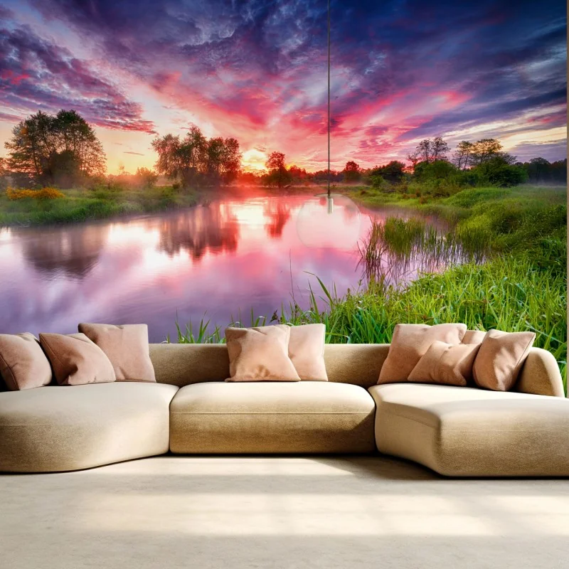 Fototapeta spokojny letni wschód słońca nad brzegiem rzeki – Wallissimo® Fototapeta spokojny letni wschód słońca nad brzegiem rzeki – Wallissimo®