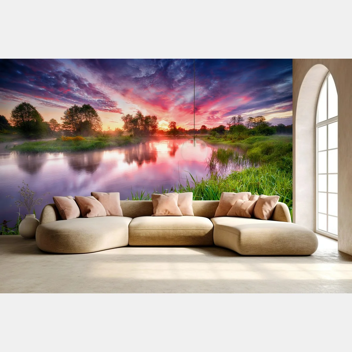 Fototapeta spokojny letni wschód słońca nad brzegiem rzeki – Wallissimo® Fototapeta spokojny letni wschód słońca nad brzegiem rzeki – Wallissimo®