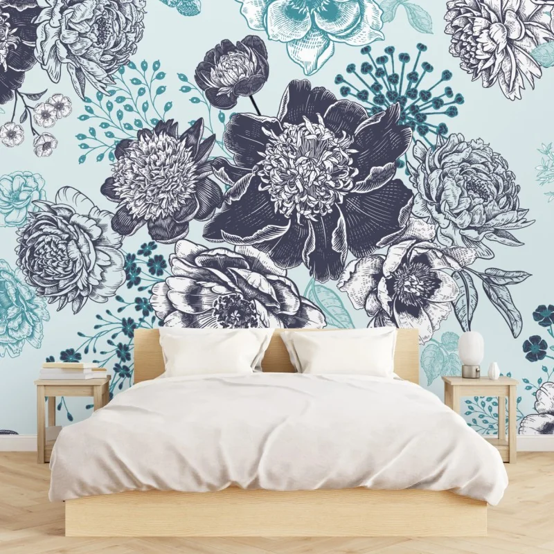 Fototapeta kwiatowy wzór peonii w odcieniach turkusu i granatu – Wallissimo® Fototapeta kwiatowy wzór peonii w odcieniach turkusu i granatu – Wallissimo®