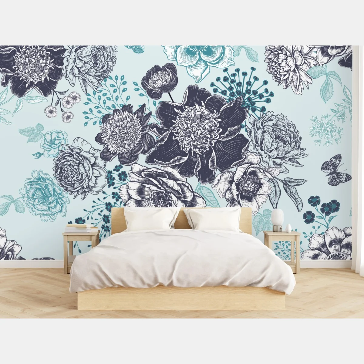 Fototapeta kwiatowy wzór peonii w odcieniach turkusu i granatu – Wallissimo® Fototapeta kwiatowy wzór peonii w odcieniach turkusu i granatu – Wallissimo®