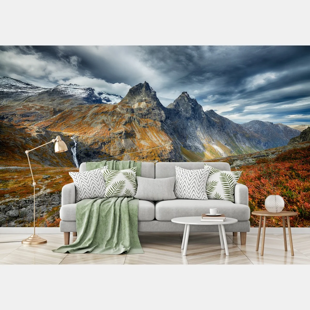 Fototapeta jesienny krajobraz górski z wodospadem i wijącą się drogą – Wallissimo® Fototapeta jesienny krajobraz górski z wodospadem i wijącą się drogą – Wallissimo®