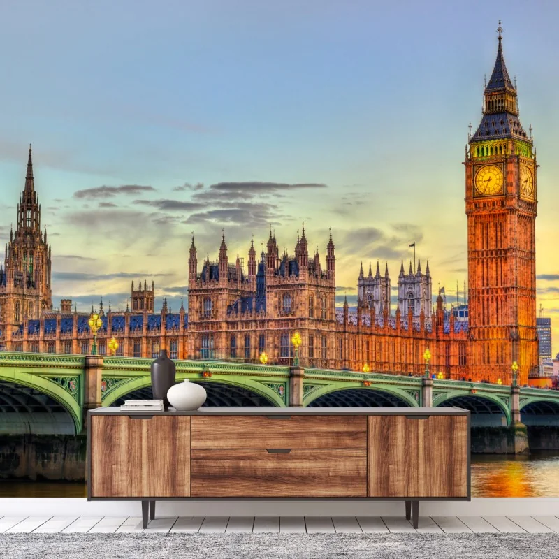 Fototapeta zachód słońca nad Londynem: Big Ben i Pałac Westminsterski – Wallissimo®