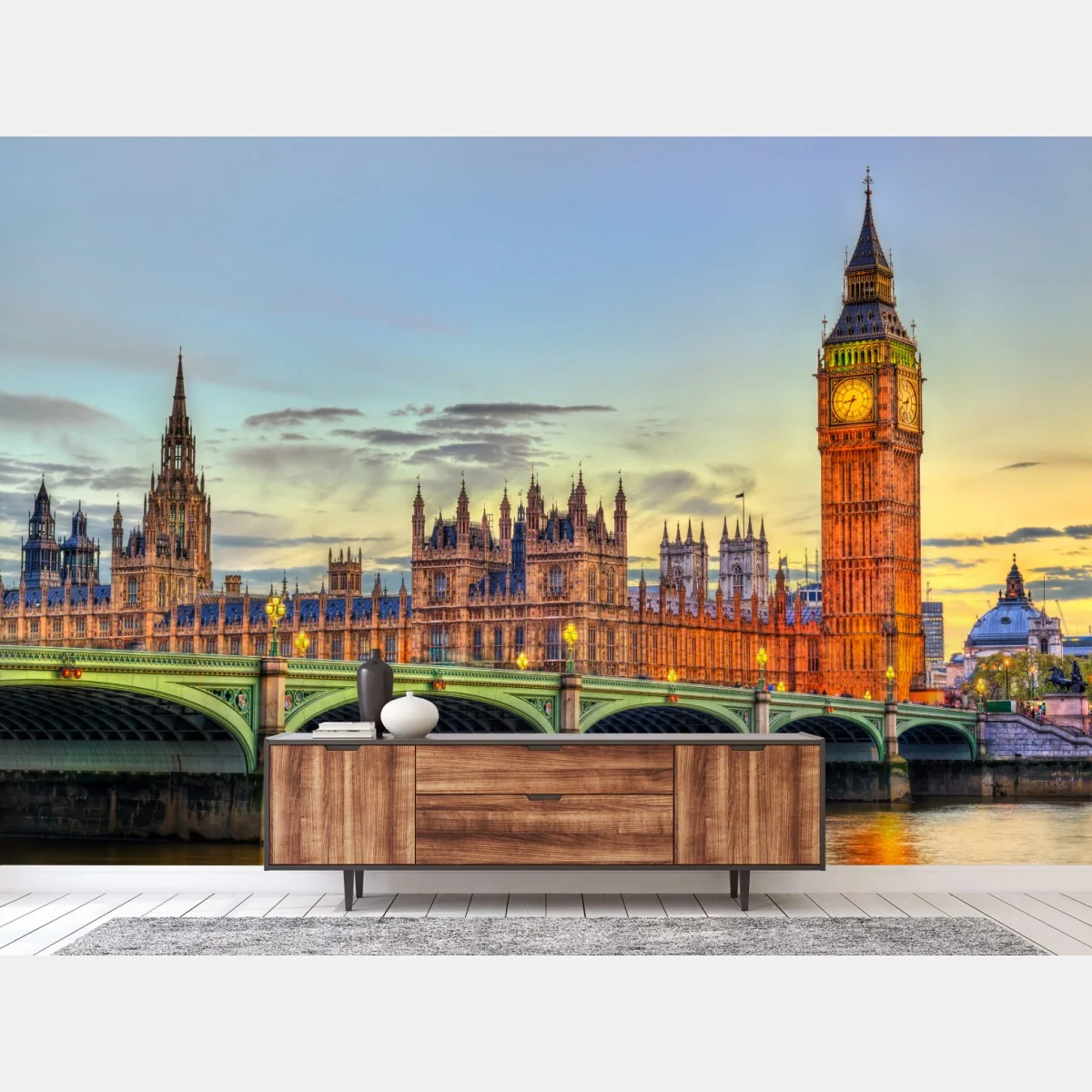 Fototapeta zachód słońca nad Londynem: Big Ben i Pałac Westminsterski – Wallissimo®