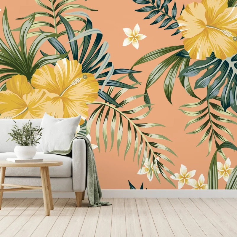 Fototapeta tropikalny wzór z hibiskusem na brzoskwiniowym tle – Wallissimo® Fototapeta tropikalny wzór z hibiskusem na brzoskwiniowym tle – Wallissimo®