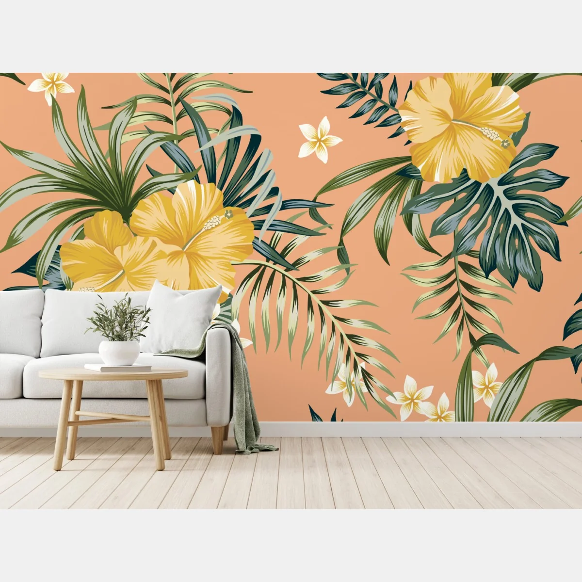 Fototapeta tropikalny wzór z hibiskusem na brzoskwiniowym tle – Wallissimo® Fototapeta tropikalny wzór z hibiskusem na brzoskwiniowym tle – Wallissimo®