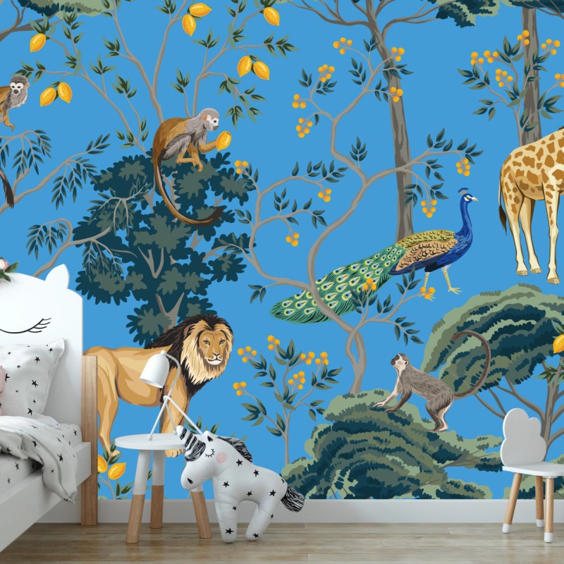 Fototapeta egzotyczny wzór zwierząt na niebieskim tle – Wallissimo® Fototapeta egzotyczny wzór zwierząt na niebieskim tle – Wallissimo®