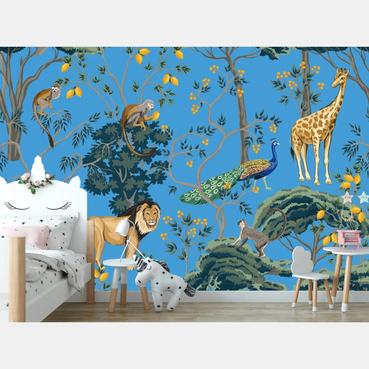 Fototapeta egzotyczny wzór zwierząt na niebieskim tle – Wallissimo® Fototapeta egzotyczny wzór zwierząt na niebieskim tle – Wallissimo®