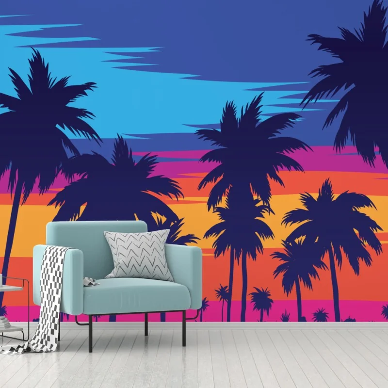 Fototapeta żywy zachód słońca z palmami – Wallissimo® Fototapeta żywy zachód słońca z palmami – Wallissimo®