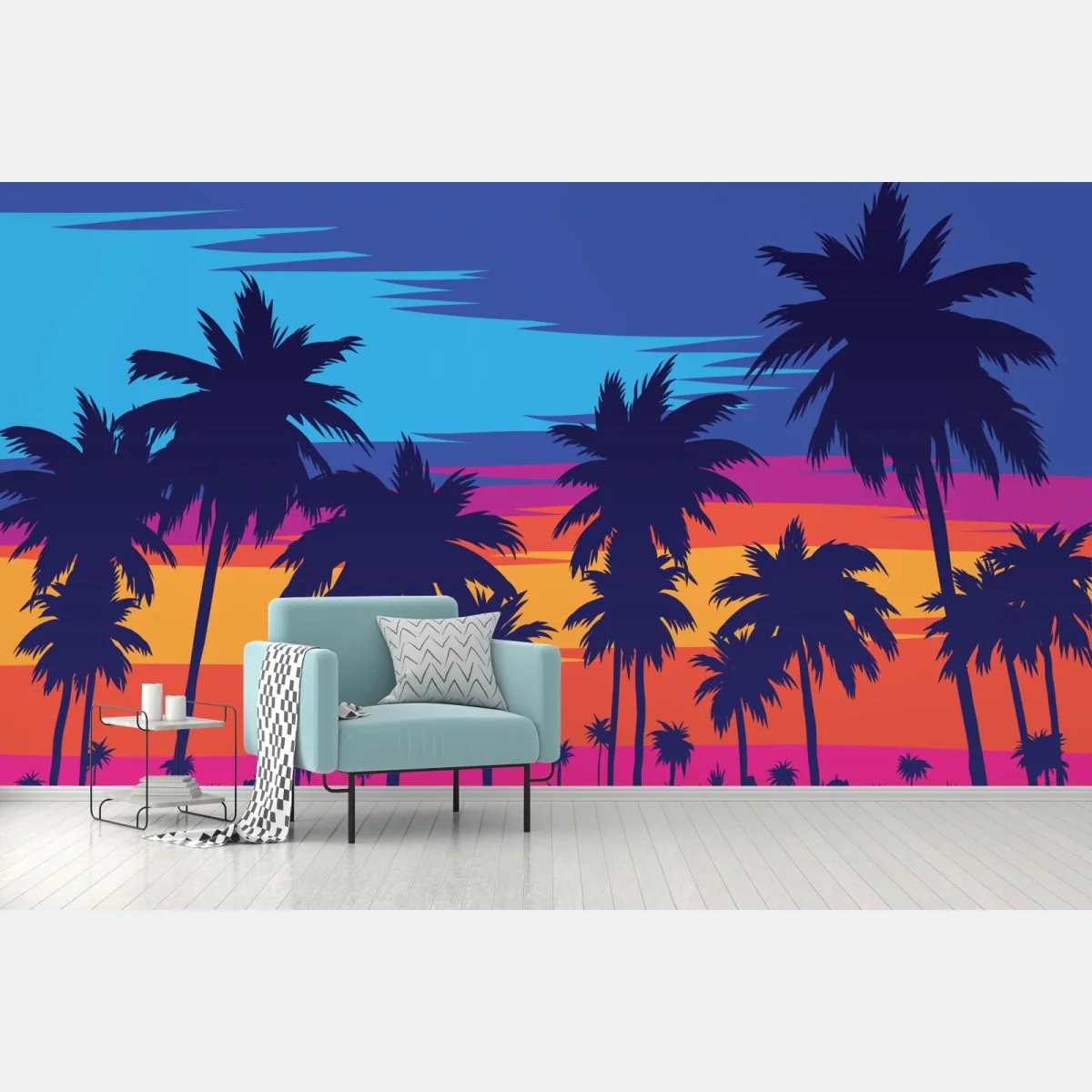 Fototapeta żywy zachód słońca z palmami – Wallissimo® Fototapeta żywy zachód słońca z palmami – Wallissimo®