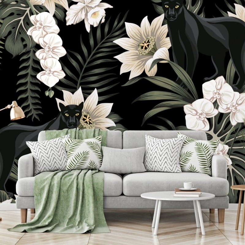 Fototapeta botaniczny wzór z czarną panterą – Wallissimo® Fototapeta botaniczny wzór z czarną panterą – Wallissimo®