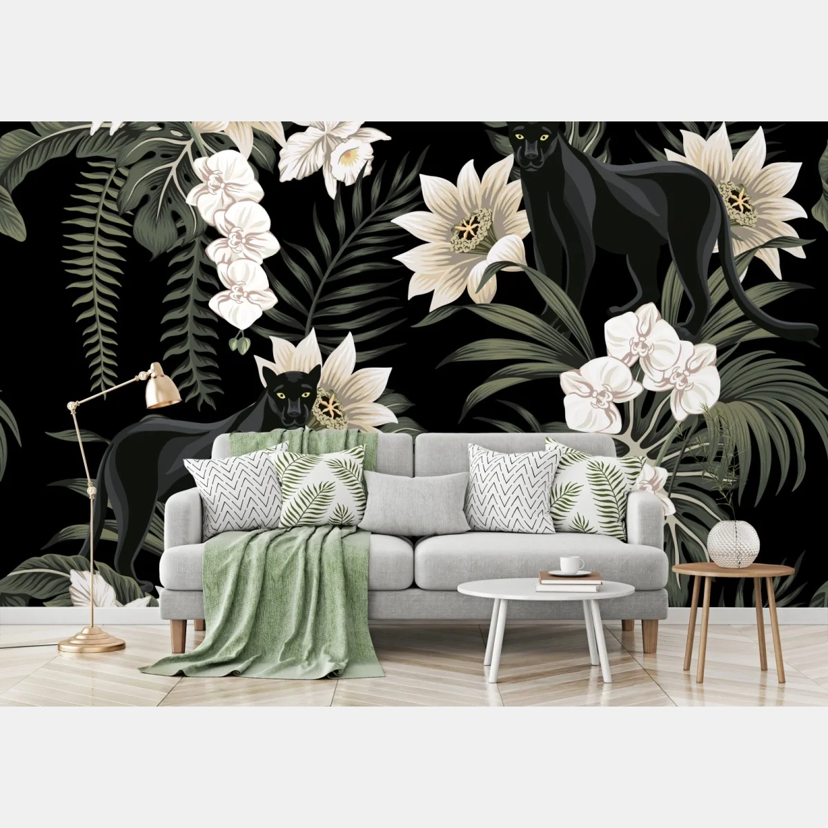 Fototapeta botaniczny wzór z czarną panterą – Wallissimo® Fototapeta botaniczny wzór z czarną panterą – Wallissimo®