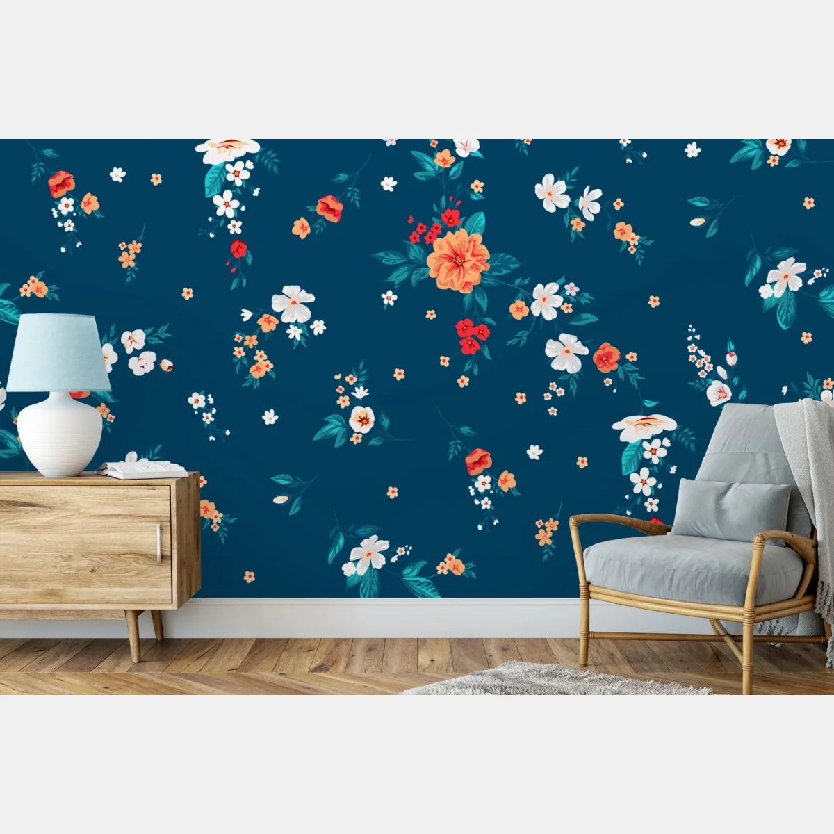 Fototapeta delikatny rozproszony wzór kwiatowy na głębokim turkusie – Wallissimo® Fototapeta delikatny rozproszony wzór kwiatowy na głębokim turkusie – Wallissimo®