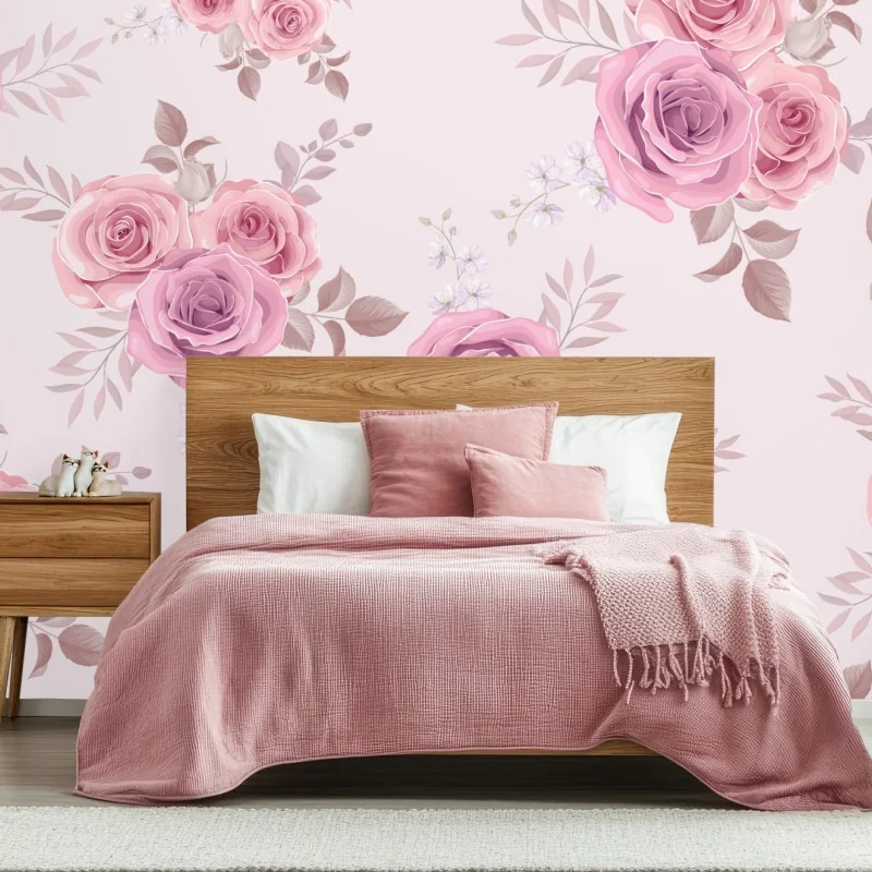 Fototapeta delikatny różowy wzór z różami – Wallissimo® Fototapeta delikatny różowy wzór z różami – Wallissimo®