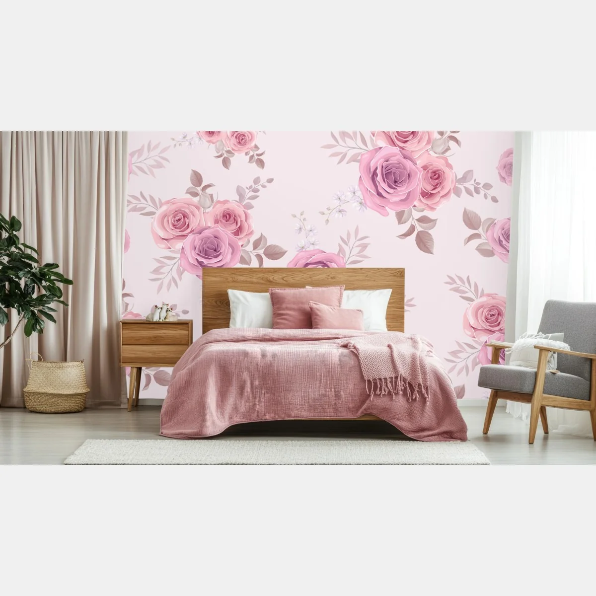 Fototapeta delikatny różowy wzór z różami – Wallissimo® Fototapeta delikatny różowy wzór z różami – Wallissimo®