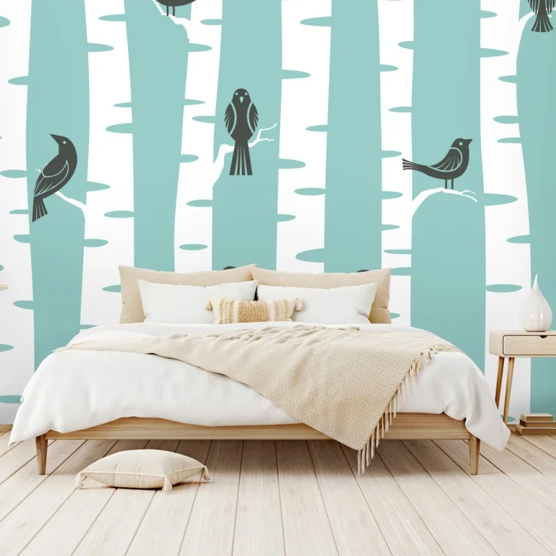 Fototapeta turkusowy las brzóz z ptakami – Wallissimo® Fototapeta turkusowy las brzóz z ptakami – Wallissimo®