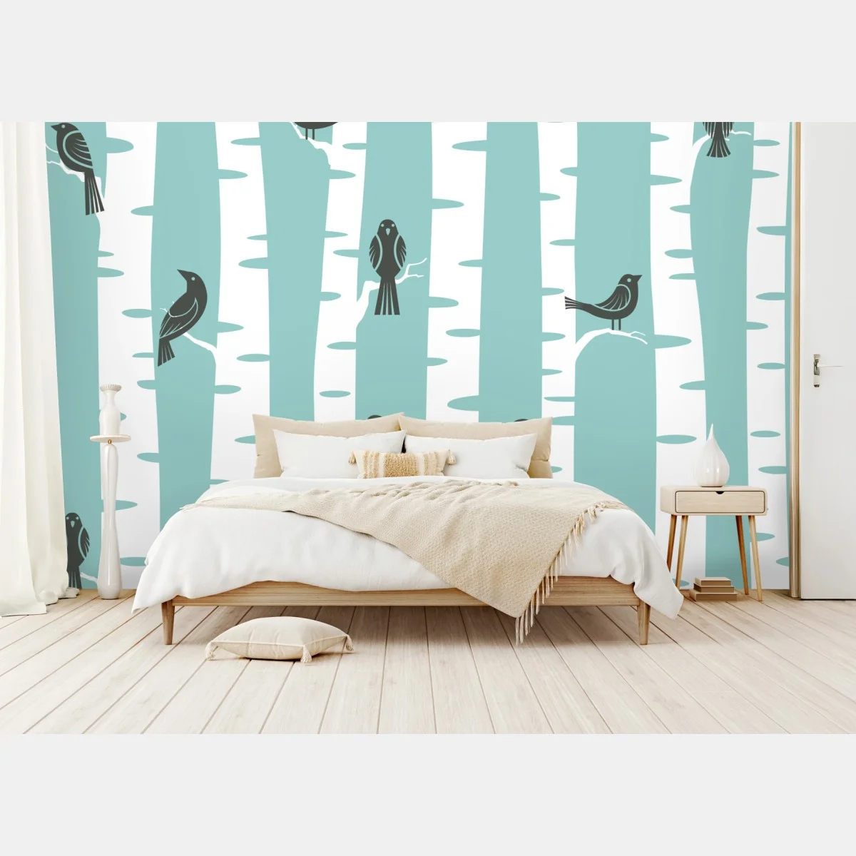 Fototapeta turkusowy las brzóz z ptakami – Wallissimo® Fototapeta turkusowy las brzóz z ptakami – Wallissimo®