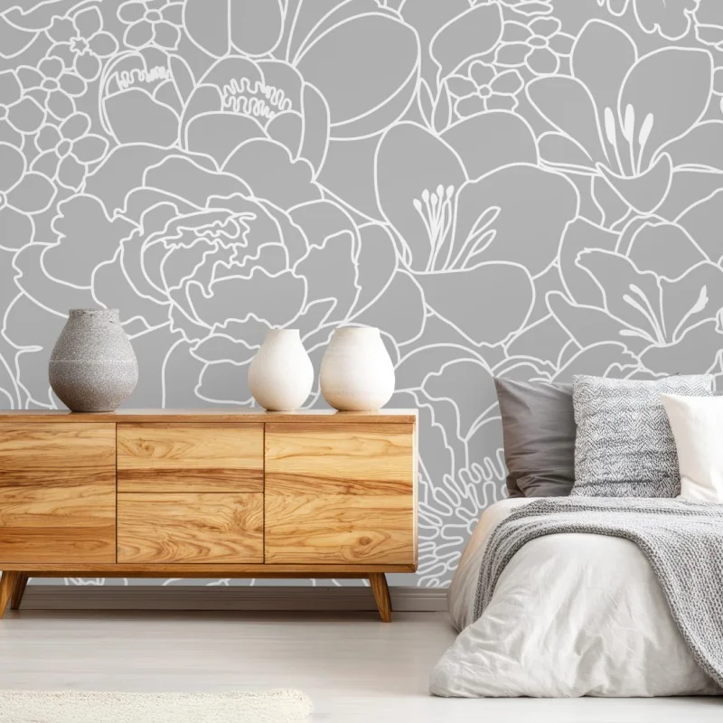 Fototapeta subtelny szary wzór kwiatowy w konturze – Wallissimo® Fototapeta subtelny szary wzór kwiatowy w konturze – Wallissimo®