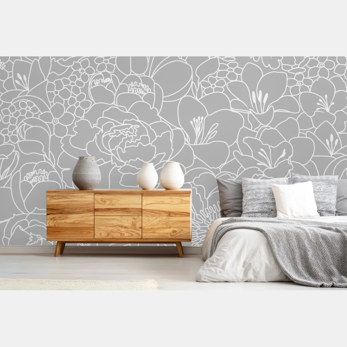 Fototapeta subtelny szary wzór kwiatowy w konturze – Wallissimo® Fototapeta subtelny szary wzór kwiatowy w konturze – Wallissimo®