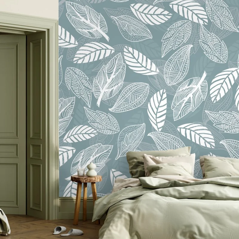 Fototapeta ręcznie rysowany wzór liści na miętowym tle – Wallissimo®