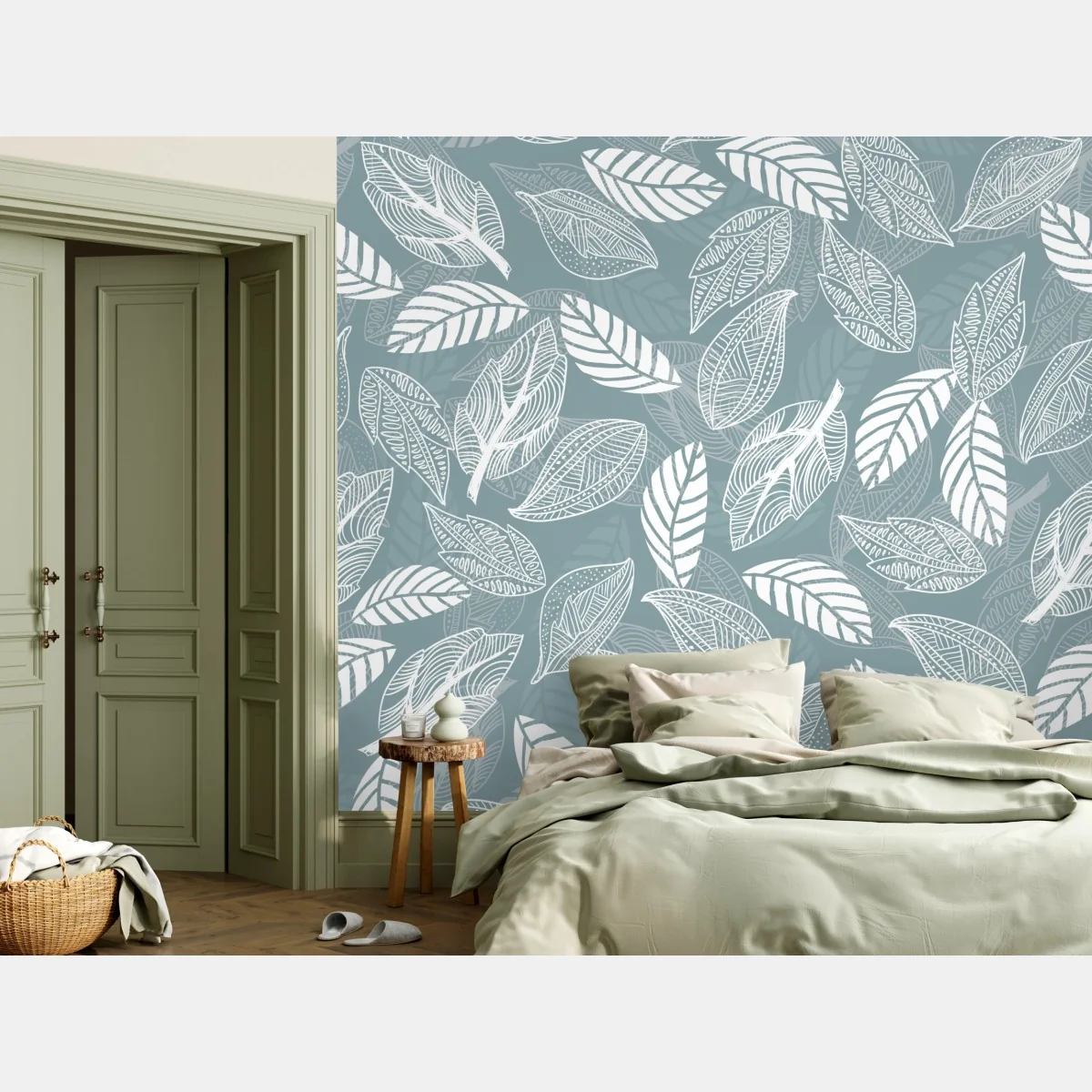 Fototapeta ręcznie rysowany wzór liści na miętowym tle – Wallissimo®