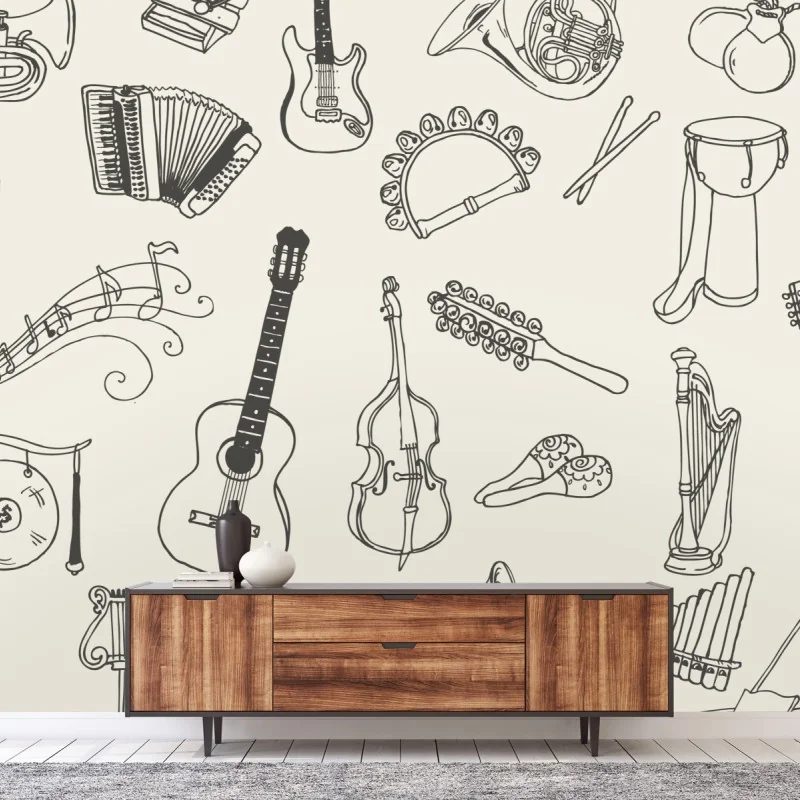 Fototapeta ręcznie rysowane instrumenty muzyczne kolaż – Wallissimo® Fototapeta ręcznie rysowane instrumenty muzyczne kolaż – Wallissimo®