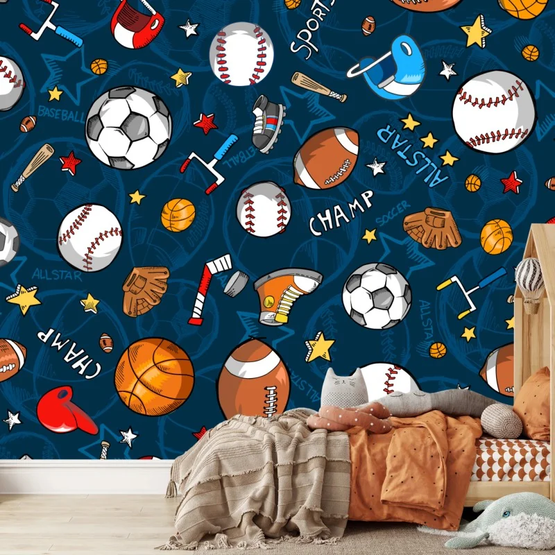 Fototapeta zabawny wzór sportowy na granatowym tle – Wallissimo® Fototapeta zabawny wzór sportowy na granatowym tle – Wallissimo®