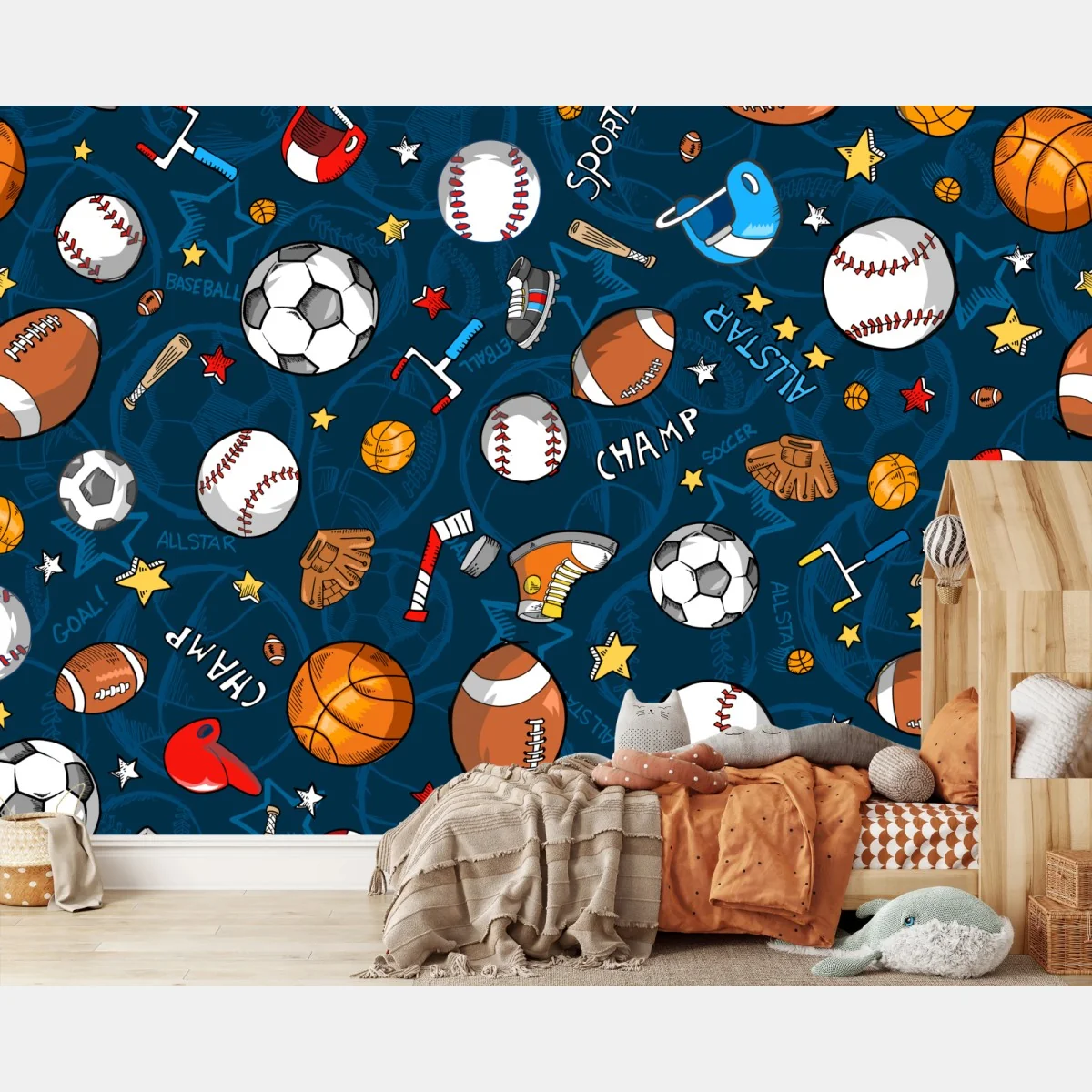 Fototapeta zabawny wzór sportowy na granatowym tle – Wallissimo® Fototapeta zabawny wzór sportowy na granatowym tle – Wallissimo®