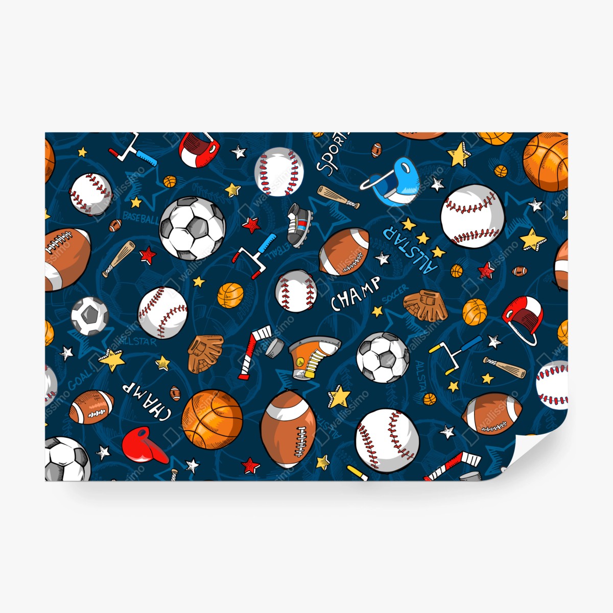 Fototapeta zabawny wzór sportowy na granatowym tle – Wallissimo® Fototapeta zabawny wzór sportowy na granatowym tle – Wallissimo®
