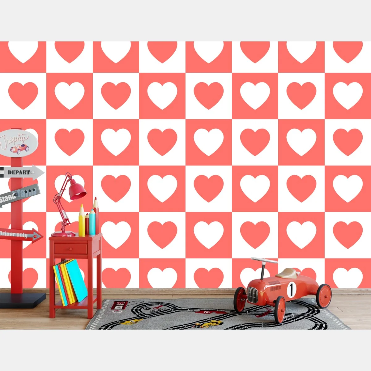Fototapeta różowy wzór serc w szachownicy – Wallissimo® Fototapeta różowy wzór serc w szachownicy – Wallissimo®