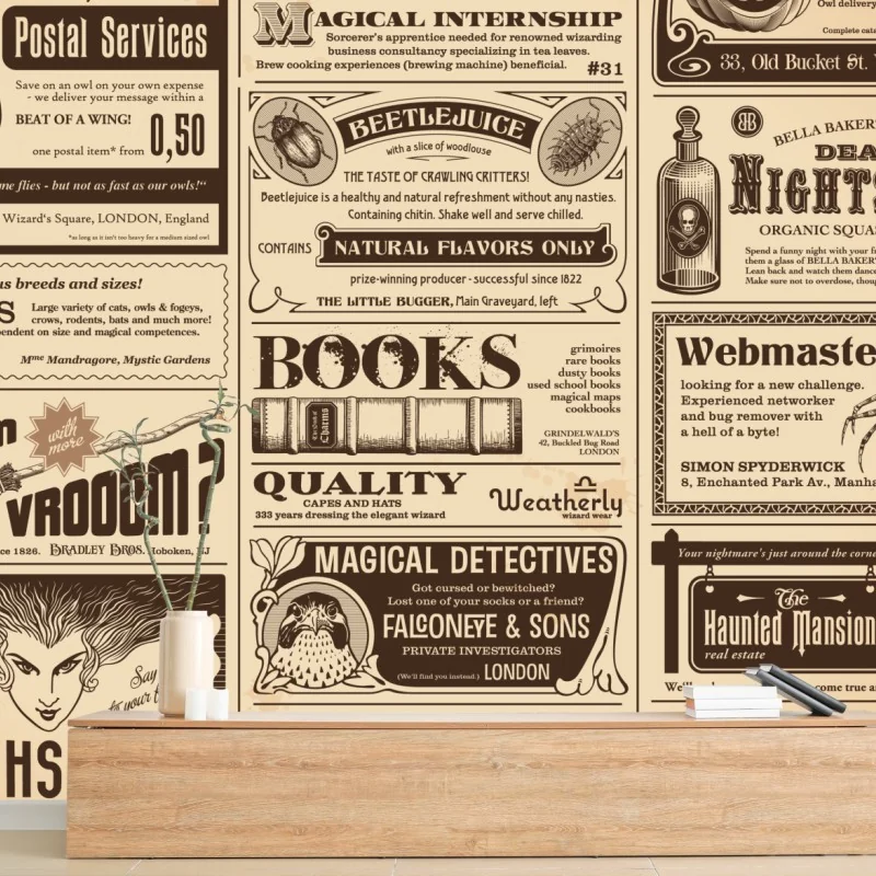 Fototapeta kolaż starych magicznych ogłoszeń – Wallissimo® Fototapeta kolaż starych magicznych ogłoszeń – Wallissimo®