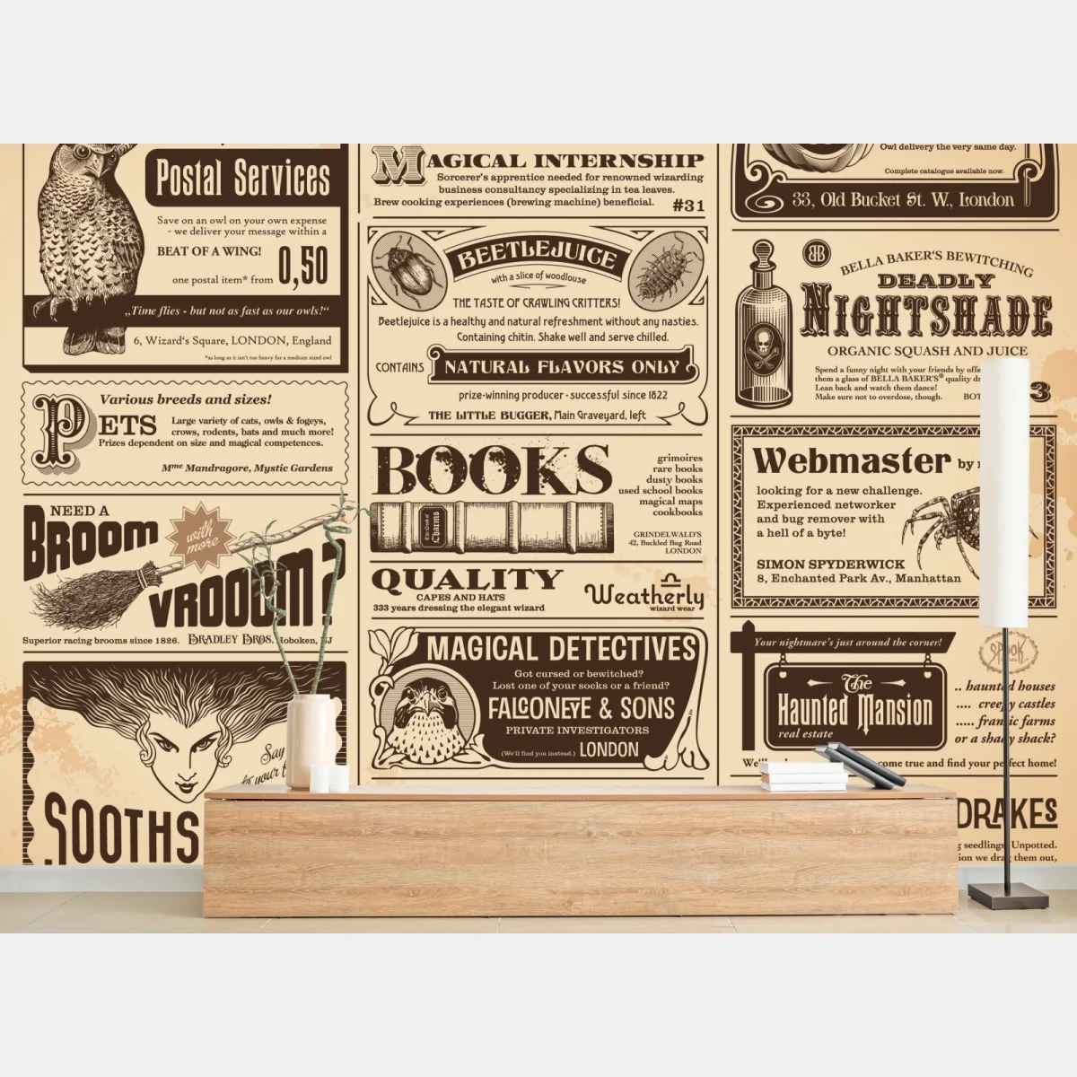 Fototapeta kolaż starych magicznych ogłoszeń – Wallissimo® Fototapeta kolaż starych magicznych ogłoszeń – Wallissimo®