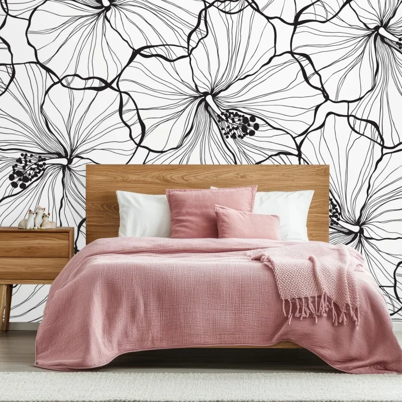 Fototapeta czarno-biały hibiskus w stylu line art – Wallissimo® Fototapeta czarno-biały hibiskus w stylu line art – Wallissimo®