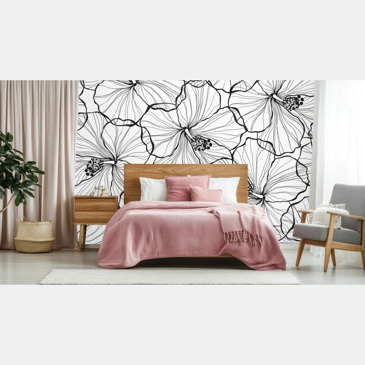 Fototapeta czarno-biały hibiskus w stylu line art – Wallissimo® Fototapeta czarno-biały hibiskus w stylu line art – Wallissimo®