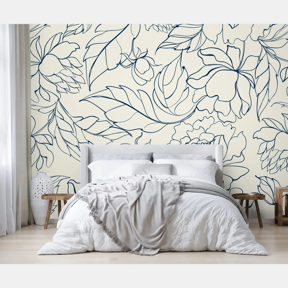 Fototapeta ręcznie rysowany granatowy wzór kwiatowy na kremowym tle – Wallissimo® Fototapeta ręcznie rysowany granatowy wzór kwiatowy na kremowym tle – Wallissimo®