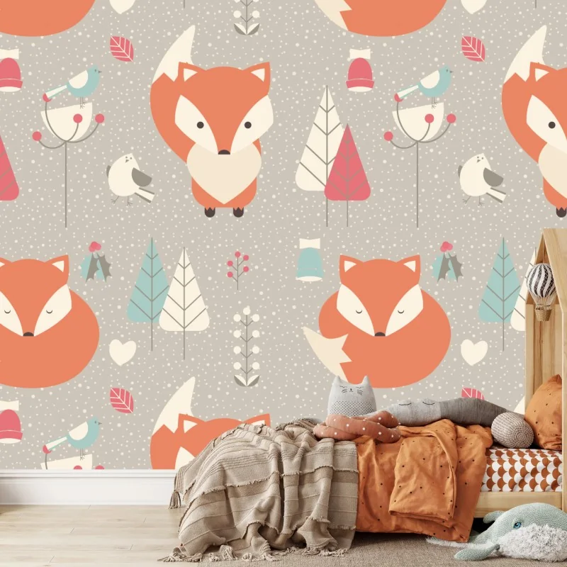 Fototapeta uroczy leśny wzór z lisami – Wallissimo® Fototapeta uroczy leśny wzór z lisami – Wallissimo®