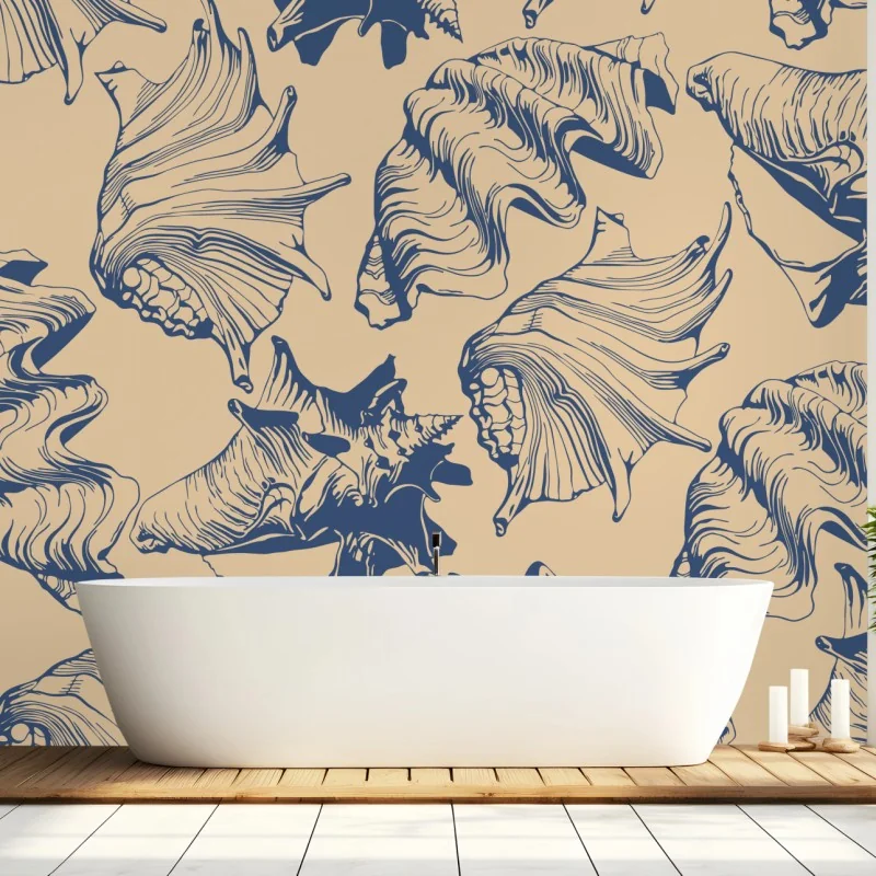 Fototapeta wzór z muszlami w granacie i beżu – Wallissimo® Fototapeta wzór z muszlami w granacie i beżu – Wallissimo®