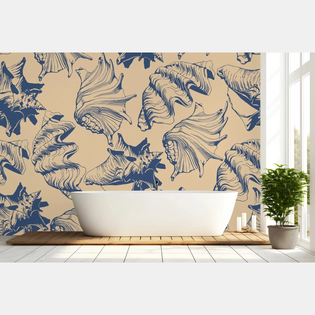 Fototapeta wzór z muszlami w granacie i beżu – Wallissimo® Fototapeta wzór z muszlami w granacie i beżu – Wallissimo®