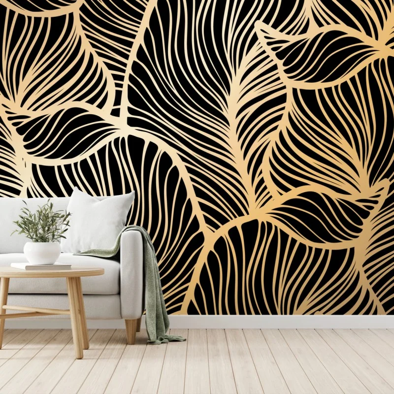Fototapeta złoty wzór liści na czarnym tle – Wallissimo®