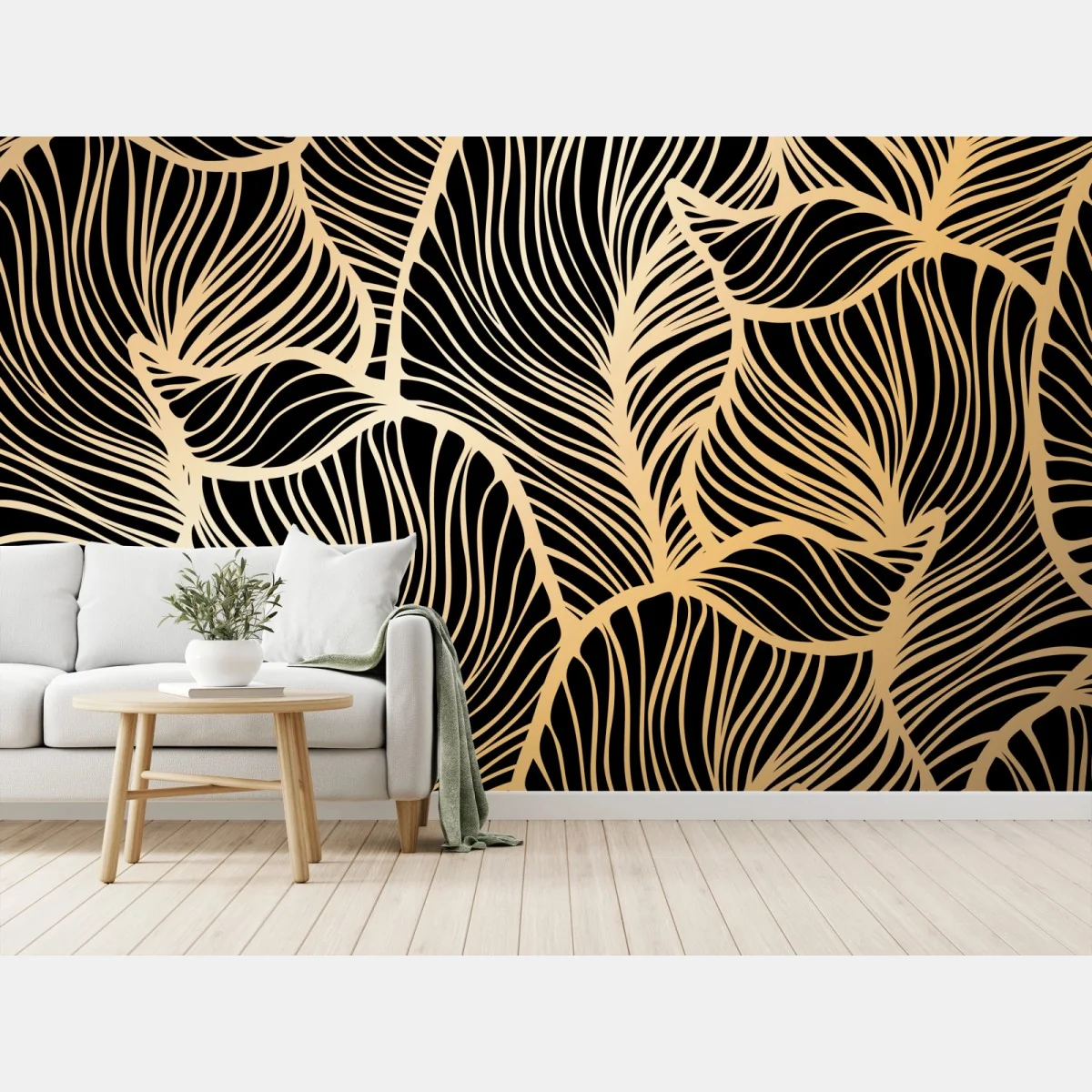 Fototapeta złoty wzór liści na czarnym tle – Wallissimo®