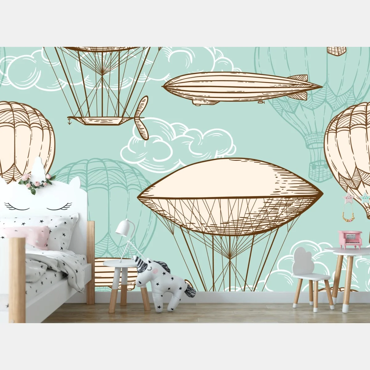 Fototapeta wzór ze starymi sterowcami i balonami – Wallissimo® Fototapeta wzór ze starymi sterowcami i balonami – Wallissimo®