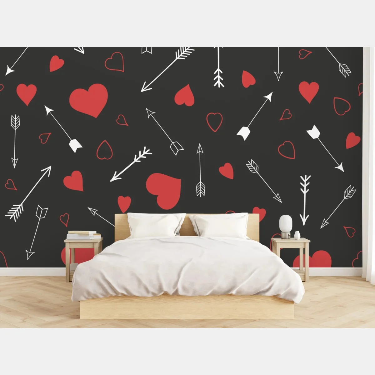 Fototapeta wzór czerwonych serc i strzał – Wallissimo® Fototapeta wzór czerwonych serc i strzał – Wallissimo®