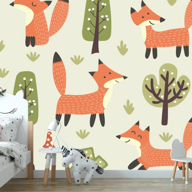 Fototapeta wesoły leśny wzór z lisami – Wallissimo® Fototapeta wesoły leśny wzór z lisami – Wallissimo®