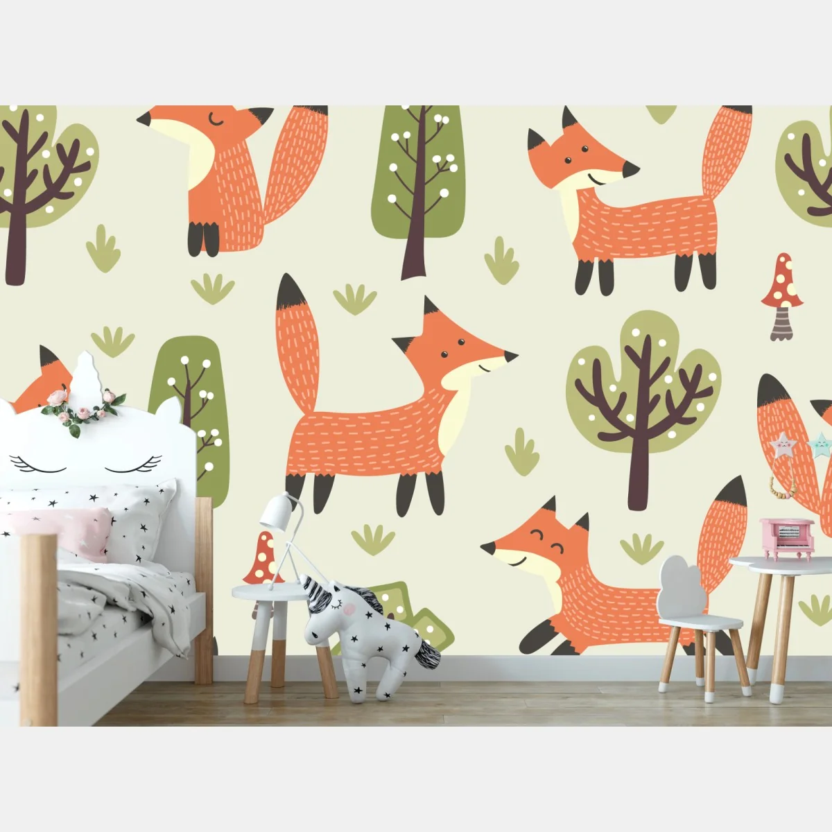 Fototapeta wesoły leśny wzór z lisami – Wallissimo® Fototapeta wesoły leśny wzór z lisami – Wallissimo®