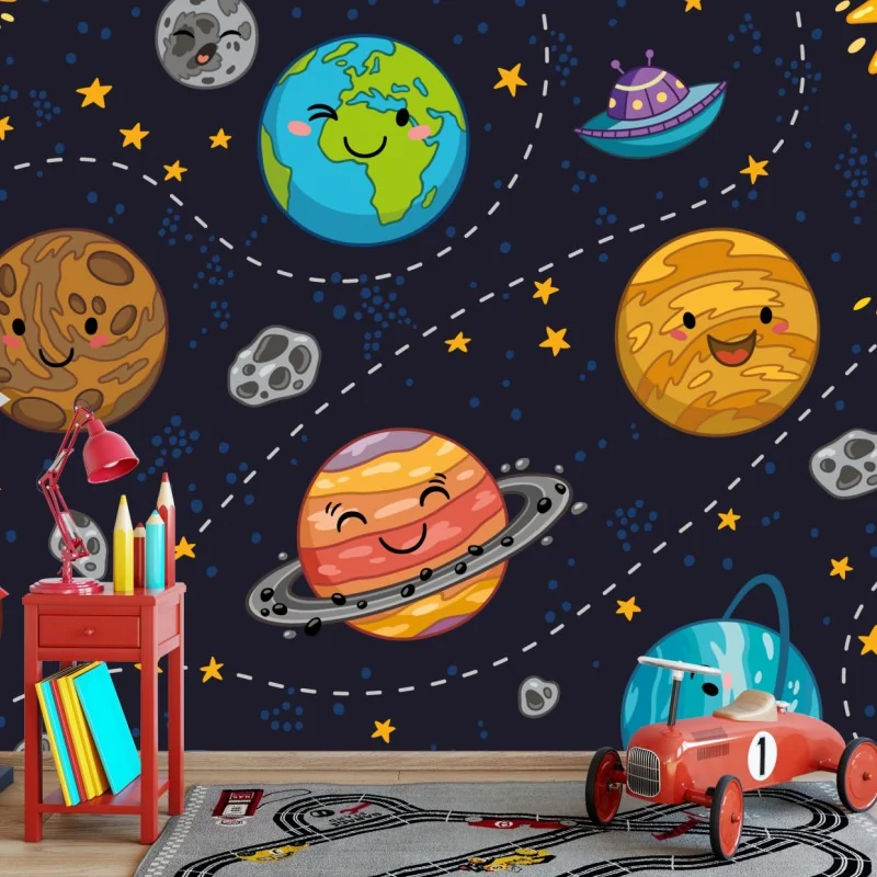 Fototapeta uśmiechnięte planety na zabawnym tle kosmicznym – Wallissimo® Fototapeta uśmiechnięte planety na zabawnym tle kosmicznym – Wallissimo®