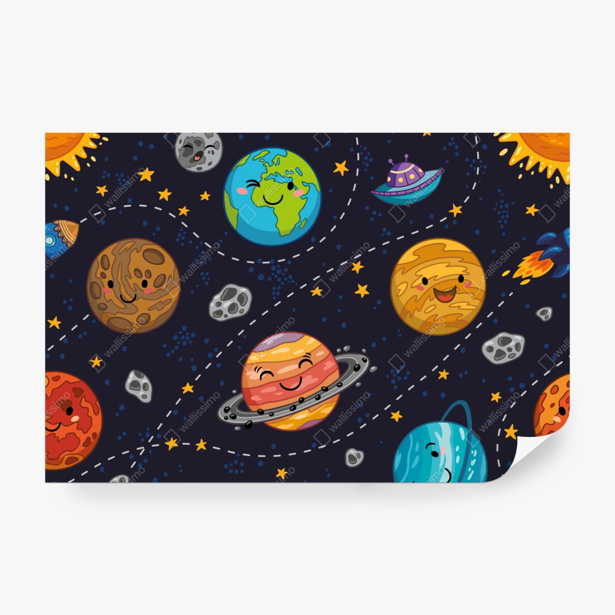 Fototapeta uśmiechnięte planety na zabawnym tle kosmicznym – Wallissimo® Fototapeta uśmiechnięte planety na zabawnym tle kosmicznym – Wallissimo®
