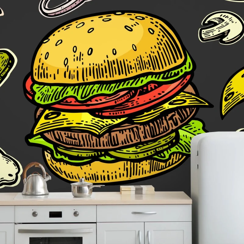 Fototapeta kolorowy wzór z burgerem i składnikami – Wallissimo® Fototapeta kolorowy wzór z burgerem i składnikami – Wallissimo®