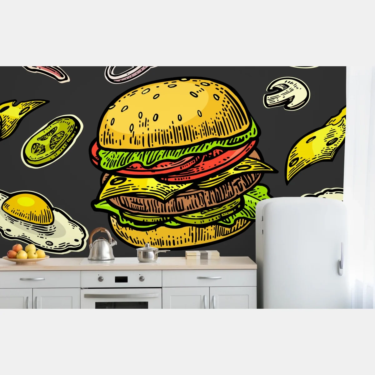 Fototapeta kolorowy wzór z burgerem i składnikami – Wallissimo® Fototapeta kolorowy wzór z burgerem i składnikami – Wallissimo®